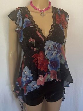 Floral Lace Trim Sheer V-Neck Peplum Top - Black with Blue & Red Blooms